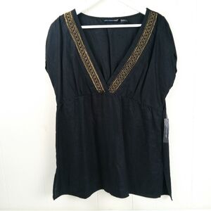 St Tropez West Linen Top Women Size L Black Cap Sleeves Gold Trim